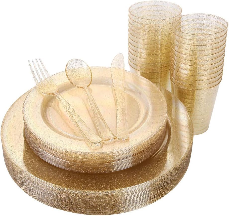 Elevate Your Celebration: 150PCS Gold Glitter Disposable Dinnerware Set Review