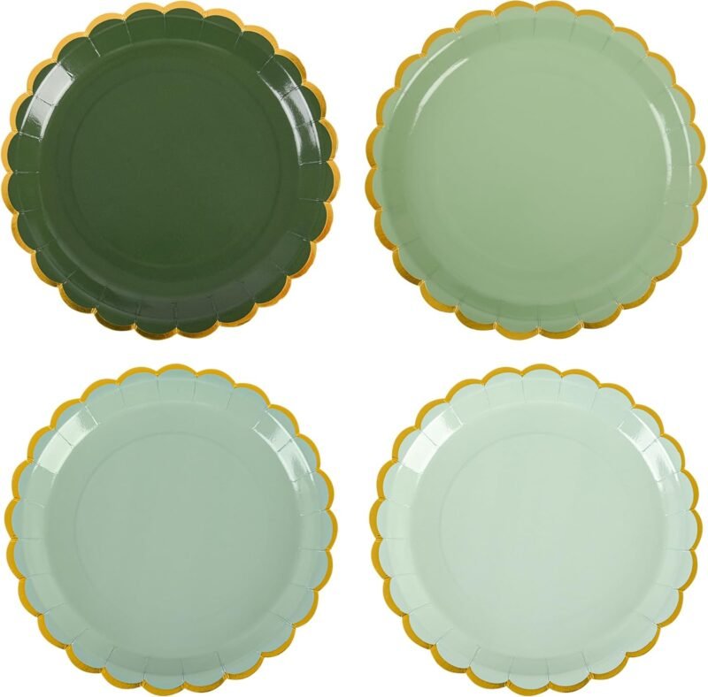 Elevate Your Celebration: Sage Green Scalloped Party Plates with Gold Foil Elegance