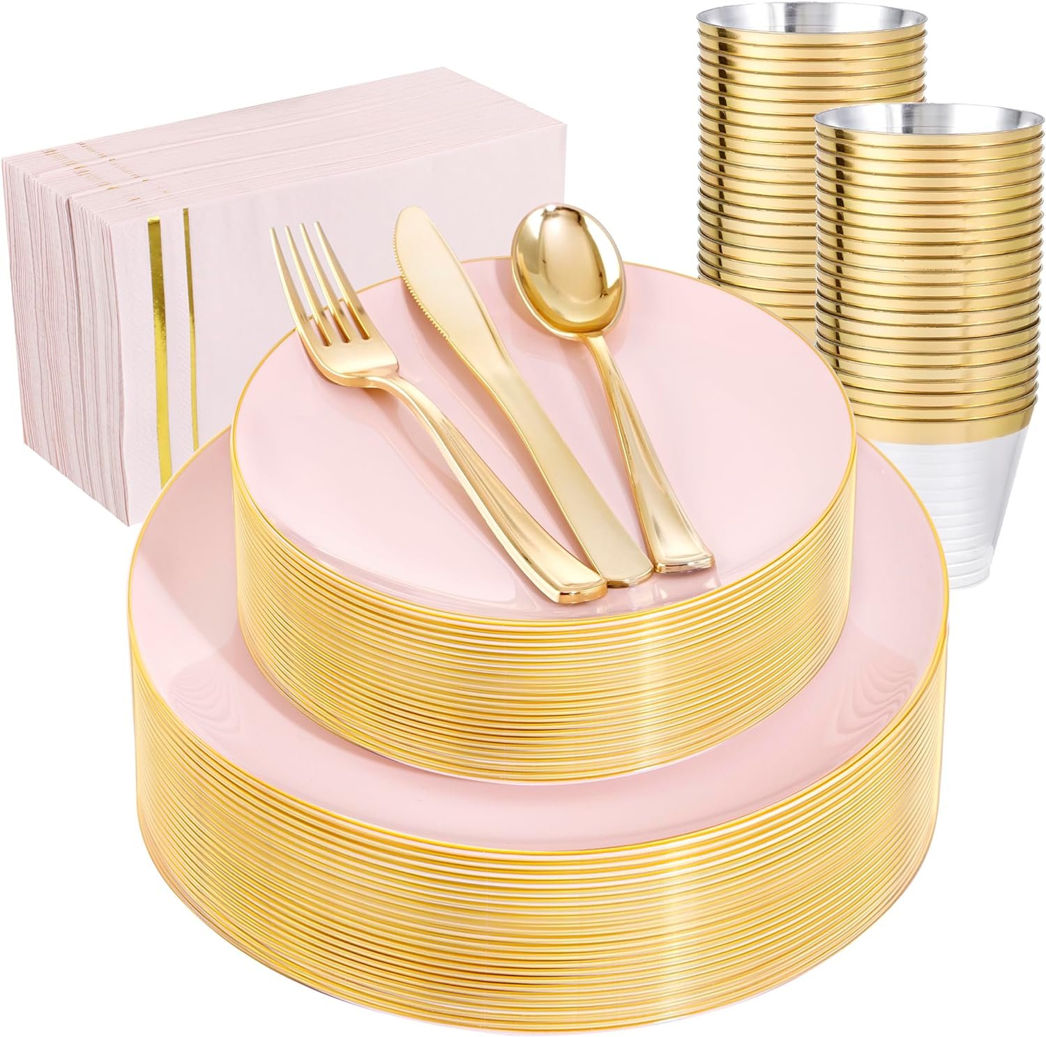 Elevate Your Celebrations with NOCCUR's Elegant Pink and Gold Disposable Dinnerware Set