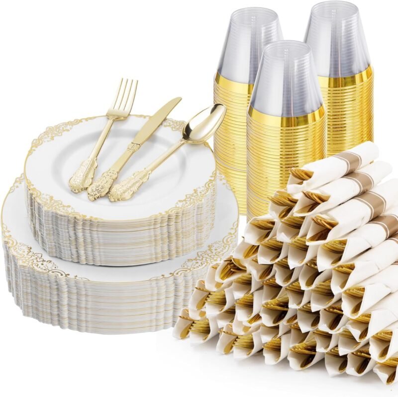 Elevate Your Event: 350PCS Gold Plastic Plates Set for Unforgettable Celebrations!