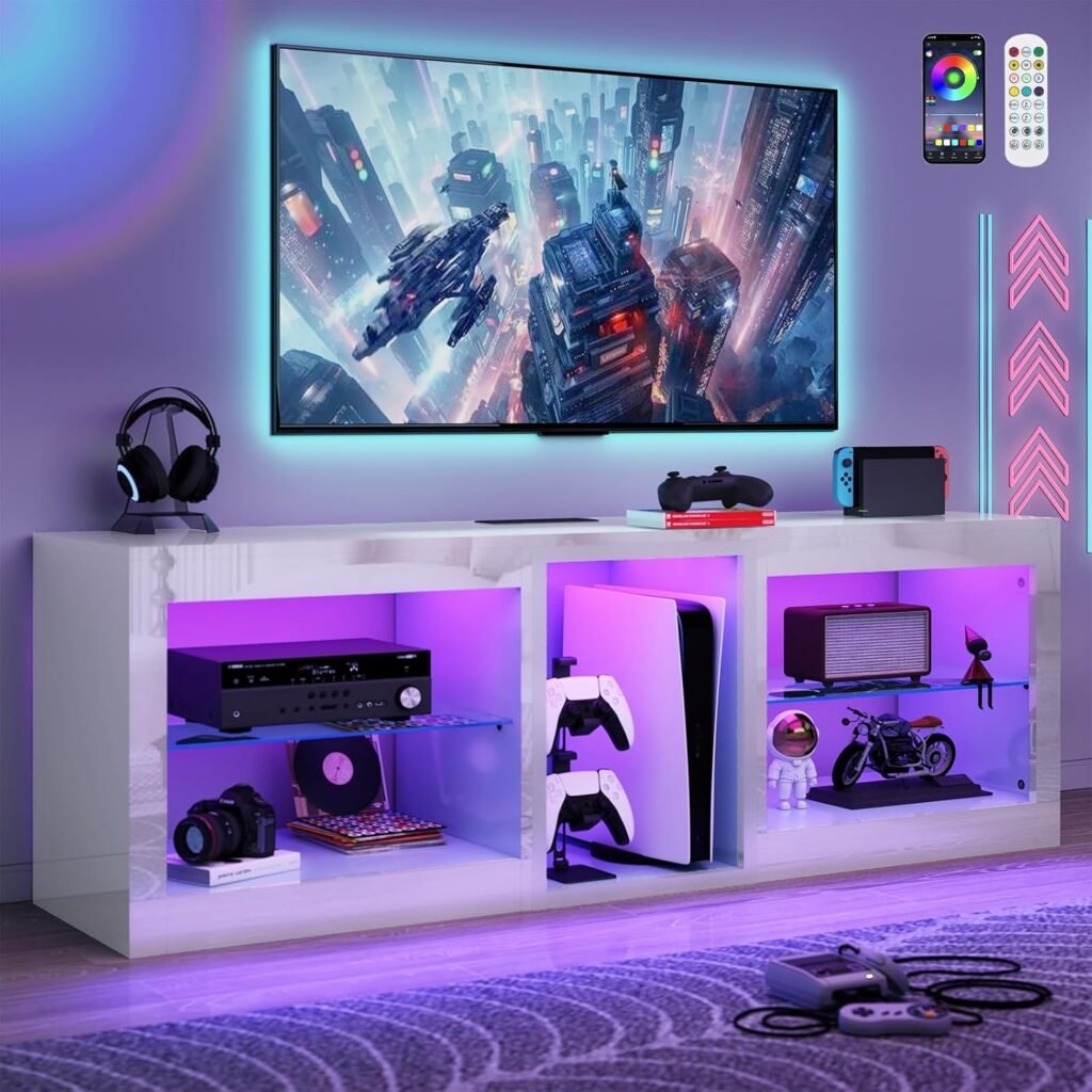 Illuminate Your Space: The Ultimate LED TV Stand with Power Outlet & 70,000 Colors!
