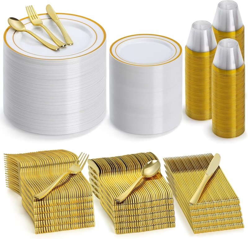 Ultimate Party Ready: 600-Piece Gold Disposable Dinnerware Set for Stylish Celebrations
