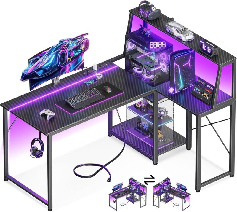 Elevate Your Gaming Setup: MOTPK L Shaped Desk with LED Lights & Power Outlet Review