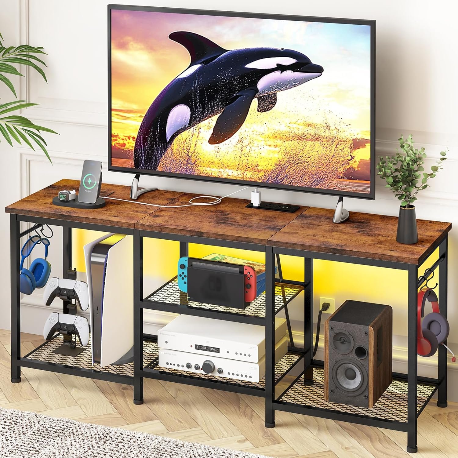 Elevate Your Living Room: YGEOMER TV Stand with Charging Station & Stylish Storage