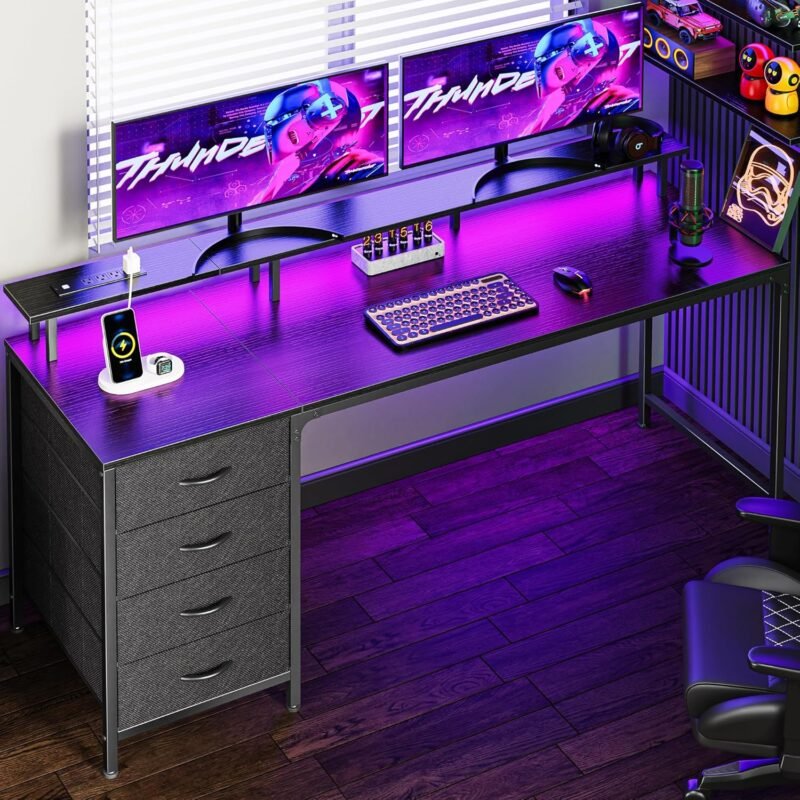 Elevate Your Workspace: Review of the Huuger 63 Inch Gaming Desk with LED Lights and Power Outlets