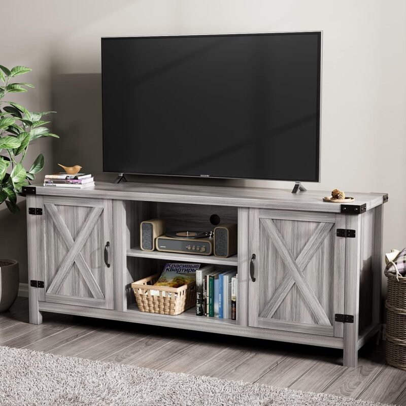 Explore the YESHOMY Modern Farmhouse TV Stand: A Stylish Storage Solution for Your Living Room!