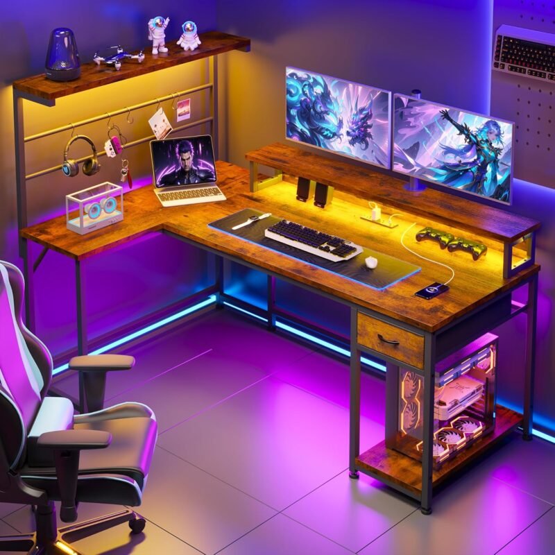 Level Up Your Gaming Space: Review of the EnHomee L-Shaped Gaming Desk with LED Features