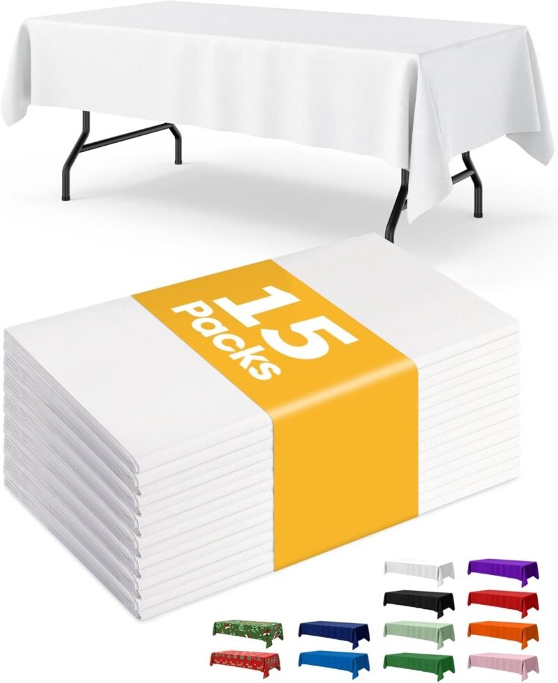 Transform Your Events: 15-Pack White Plastic Tablecloths for Effortless Elegance!