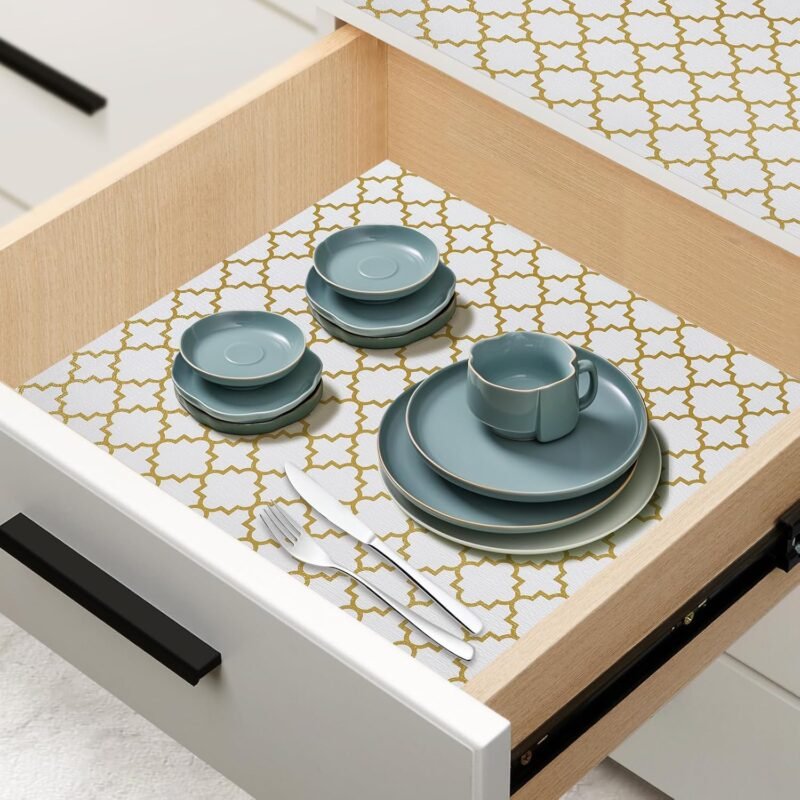 Transform Your Kitchen: Review of Gold Geometric Non-Adhesive Shelf Liners for Cabinets