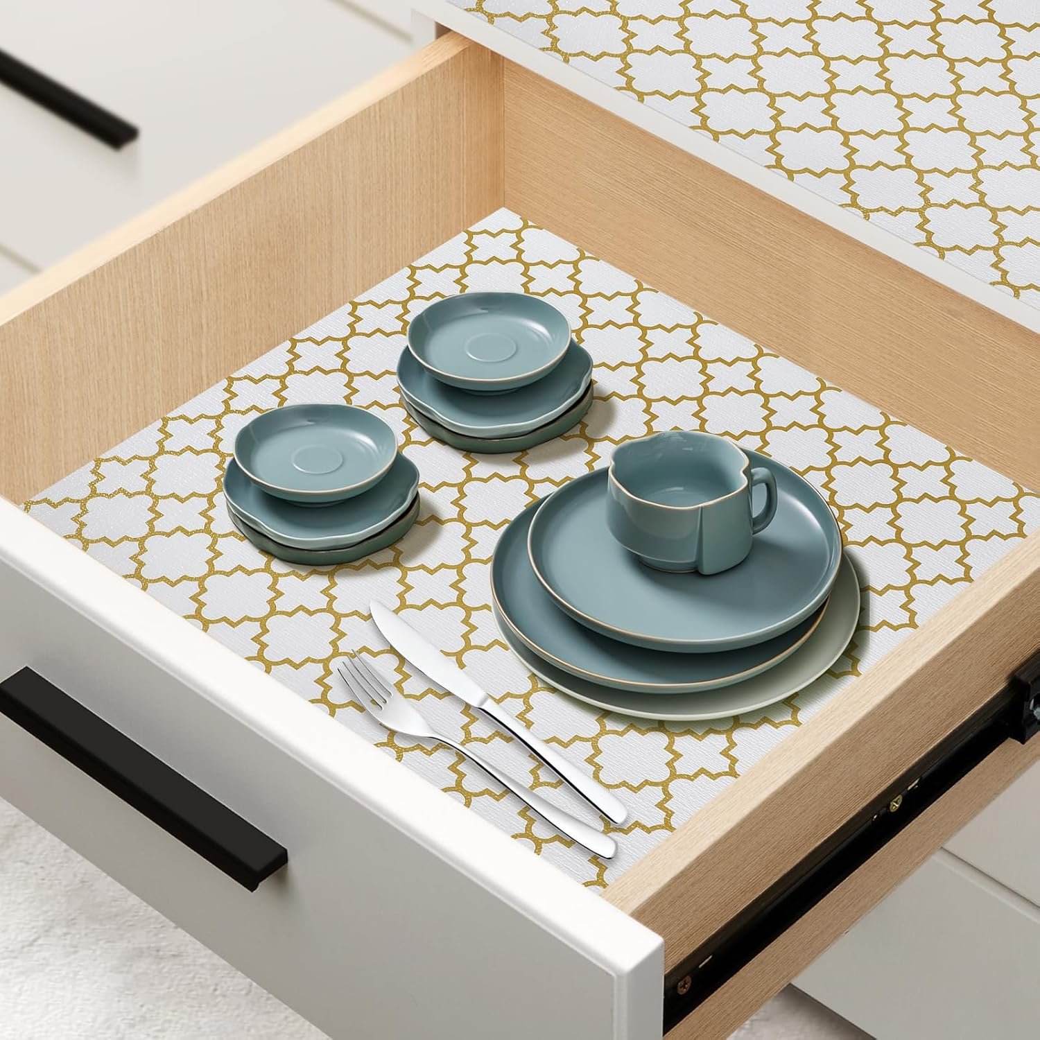 Transform Your Kitchen: Review of Gold Geometric Non-Adhesive Shelf Liners for Cabinets