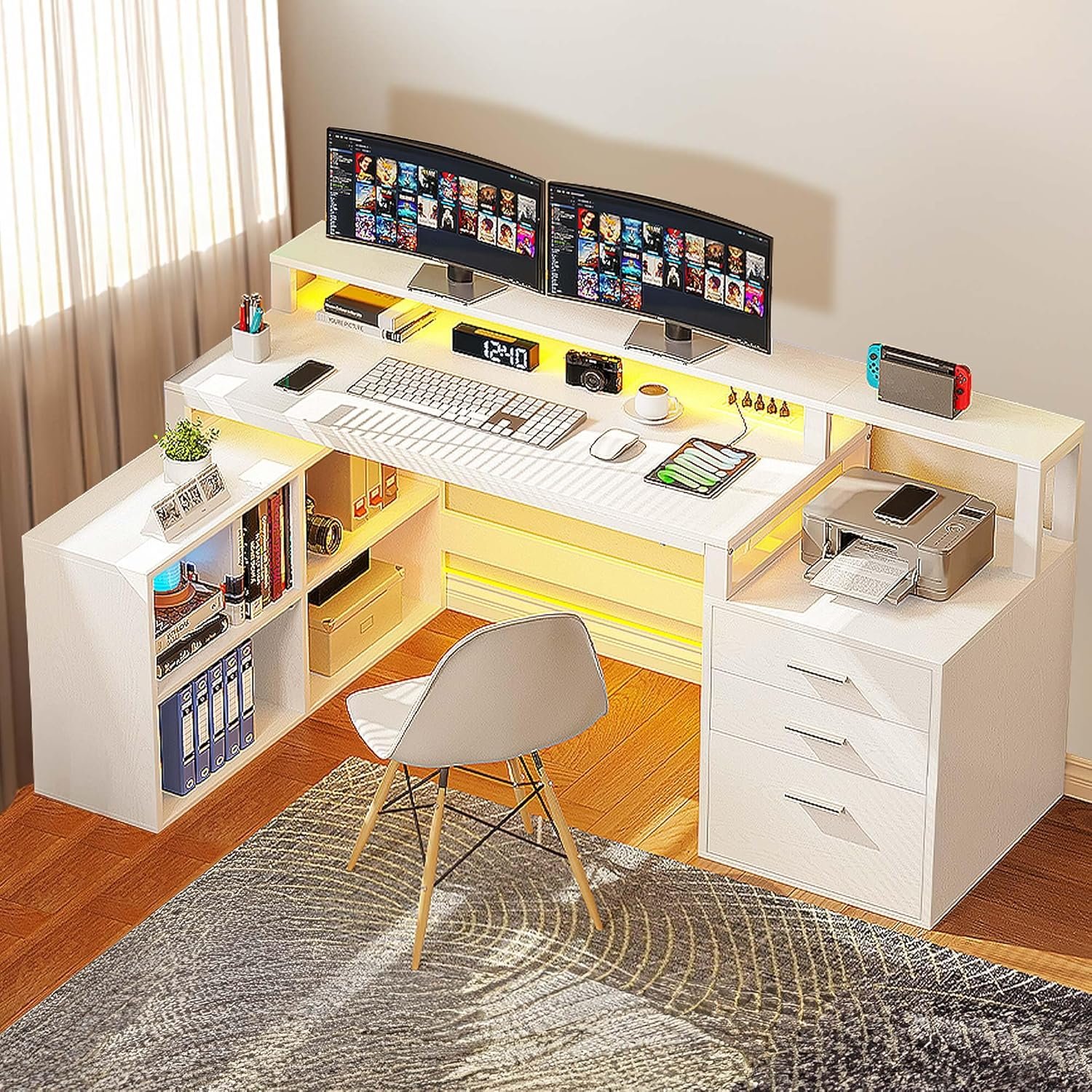 Transform Your Workspace: DWVO L Shaped Desk with Drawers & LED Lights Review