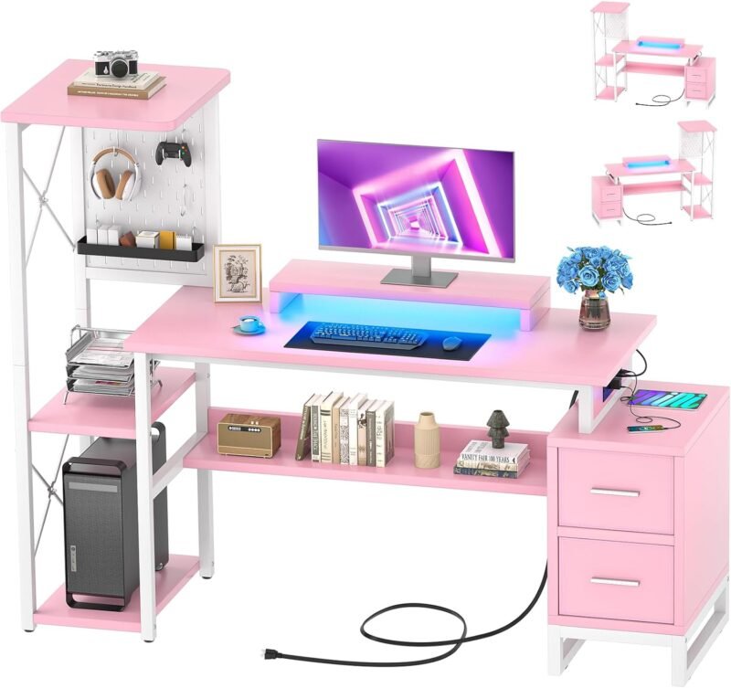 Transform Your Workspace: The Ultimate Reversible Pink Computer Desk with LED Lights & Storage!