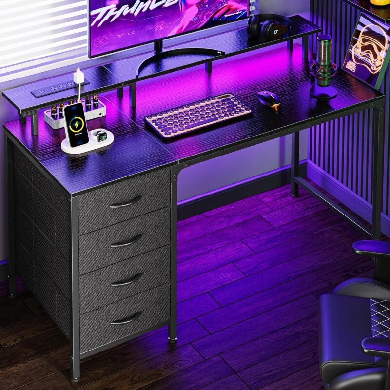 Upgrade Your Workspace: The Huuger 47" LED Gaming Desk with Power Outlets and Drawers!