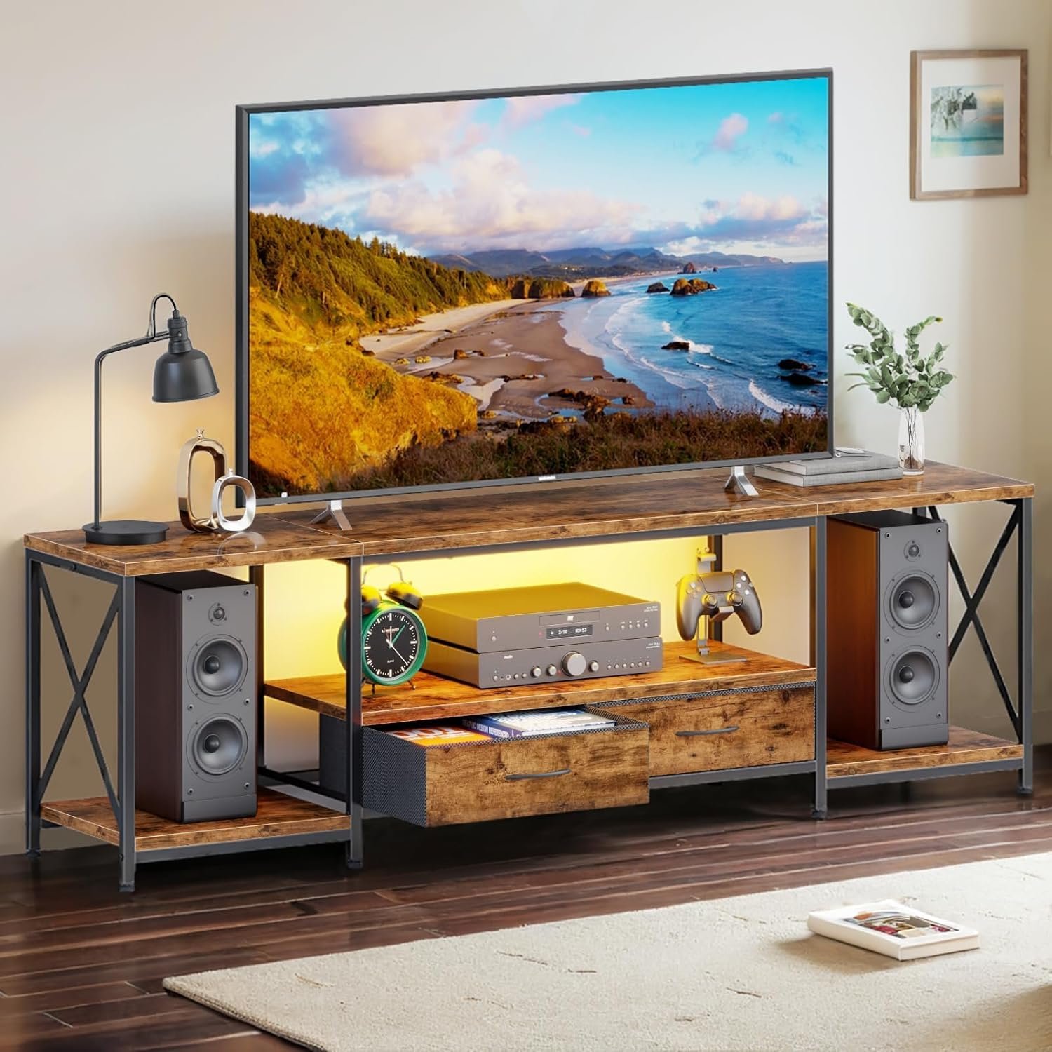Elevate Your Space: Review of the 71" Rustic Brown TV Stand with LED and Storage Drawers